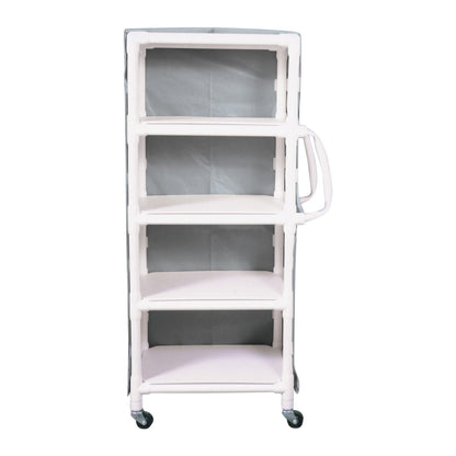 MRI 4-Shelf PVC Linen Cart with Cover featuring a white PVC frame, four shelves, a gray cover, and wheels for mobility.