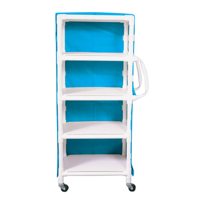 MRI 4-Shelf PVC Linen Cart with Cover, featuring a blue cover and white frame, equipped with four shelves and caster wheels.