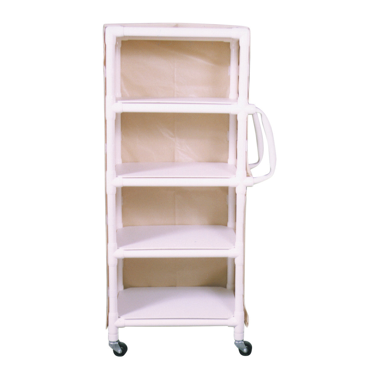 MRI 4-Shelf PVC Linen Cart with Cover, featuring beige fabric lining, four shelves, and caster wheels for easy mobility.