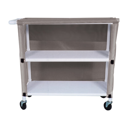 MRI 2-Shelf PVC Linen Cart with Cover, featuring two white shelves, a gray cover, and four swivel casters for mobility.