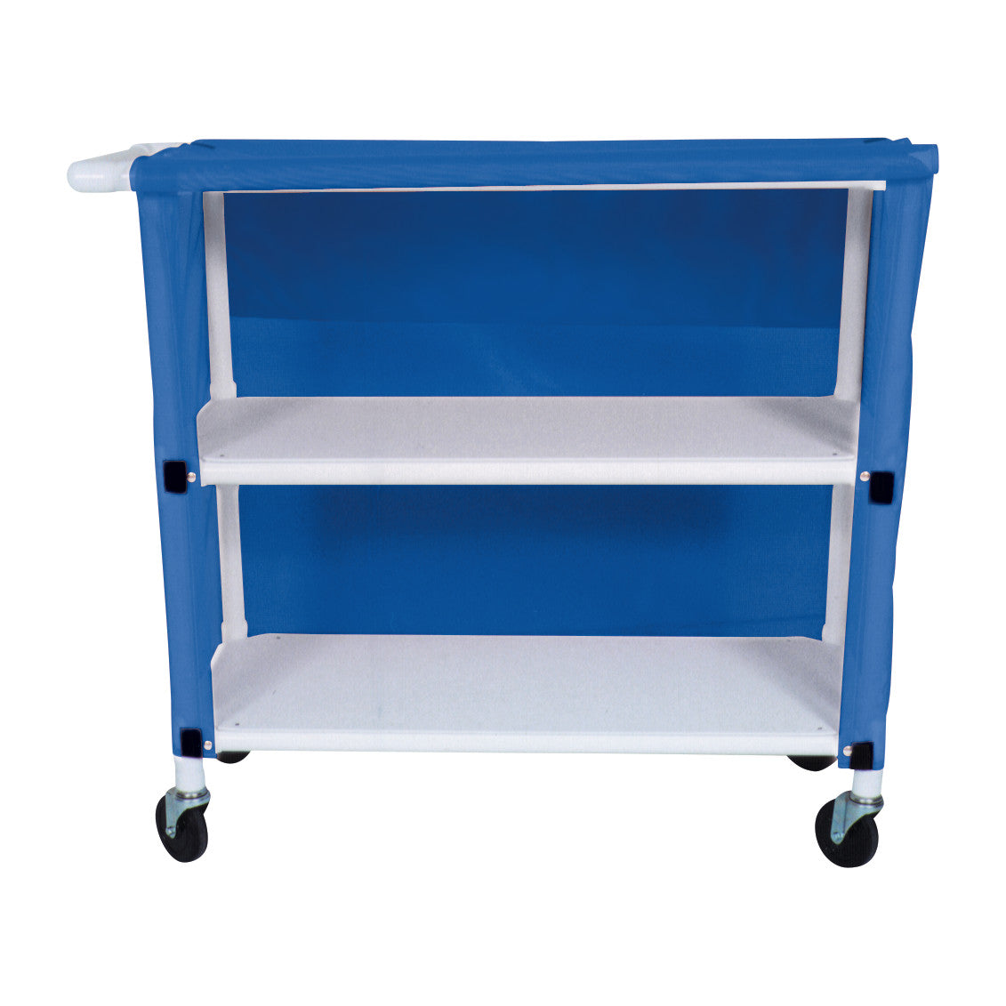 MRI 2-Shelf PVC Linen Cart with Cover features a blue cover, white shelves, and four wheels for mobility.