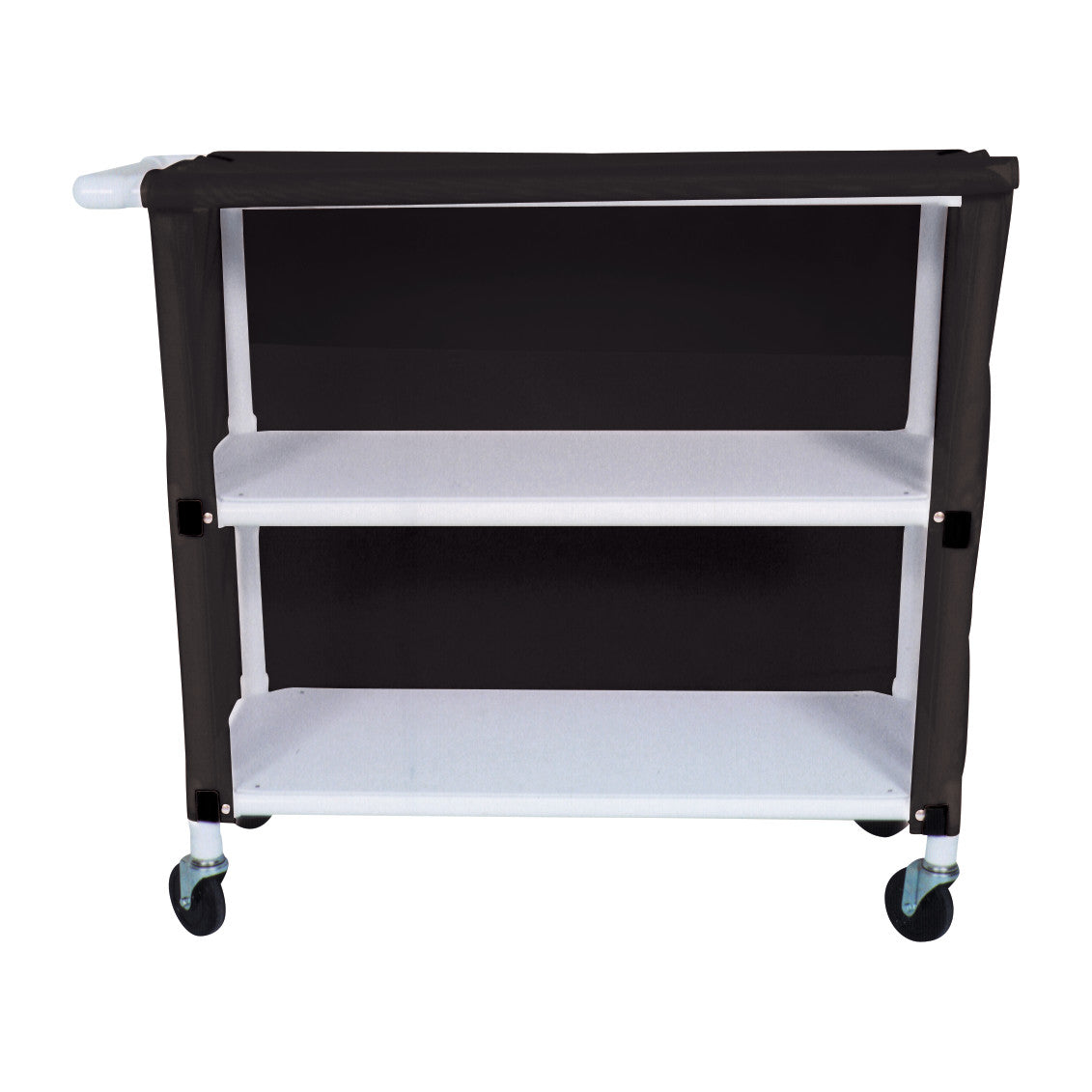 MRI 2-Shelf PVC Linen Cart with Cover features two white shelves, a black cover, and four caster wheels for mobility.