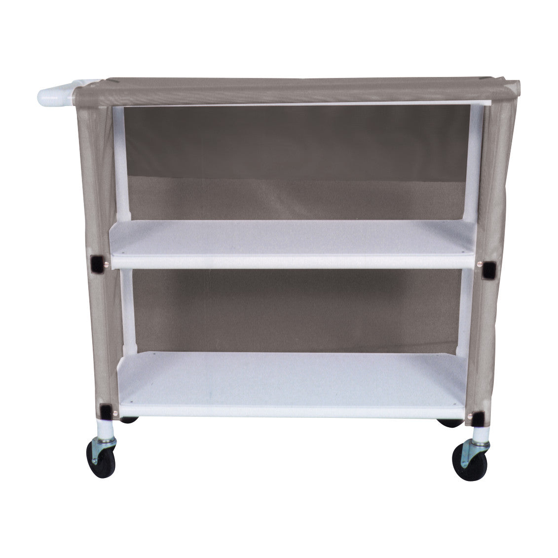 The MRI 2-Shelf PVC Linen Cart with Cover features a gray fabric cover, white PVC frame, and four wheels for mobility.