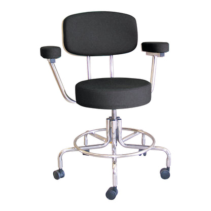 The MRI Adjustable Chair features a black cushioned seat and backrest, chrome frame, armrests, and rolling casters for mobility.