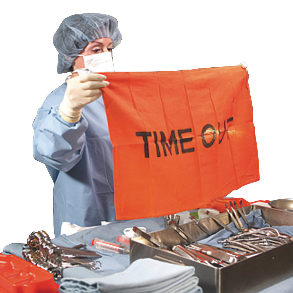 A medical professional holds an orange cloth saying "TIME OUT" near surgical tools. The product is the SANDEL TIME OUT Beacon.