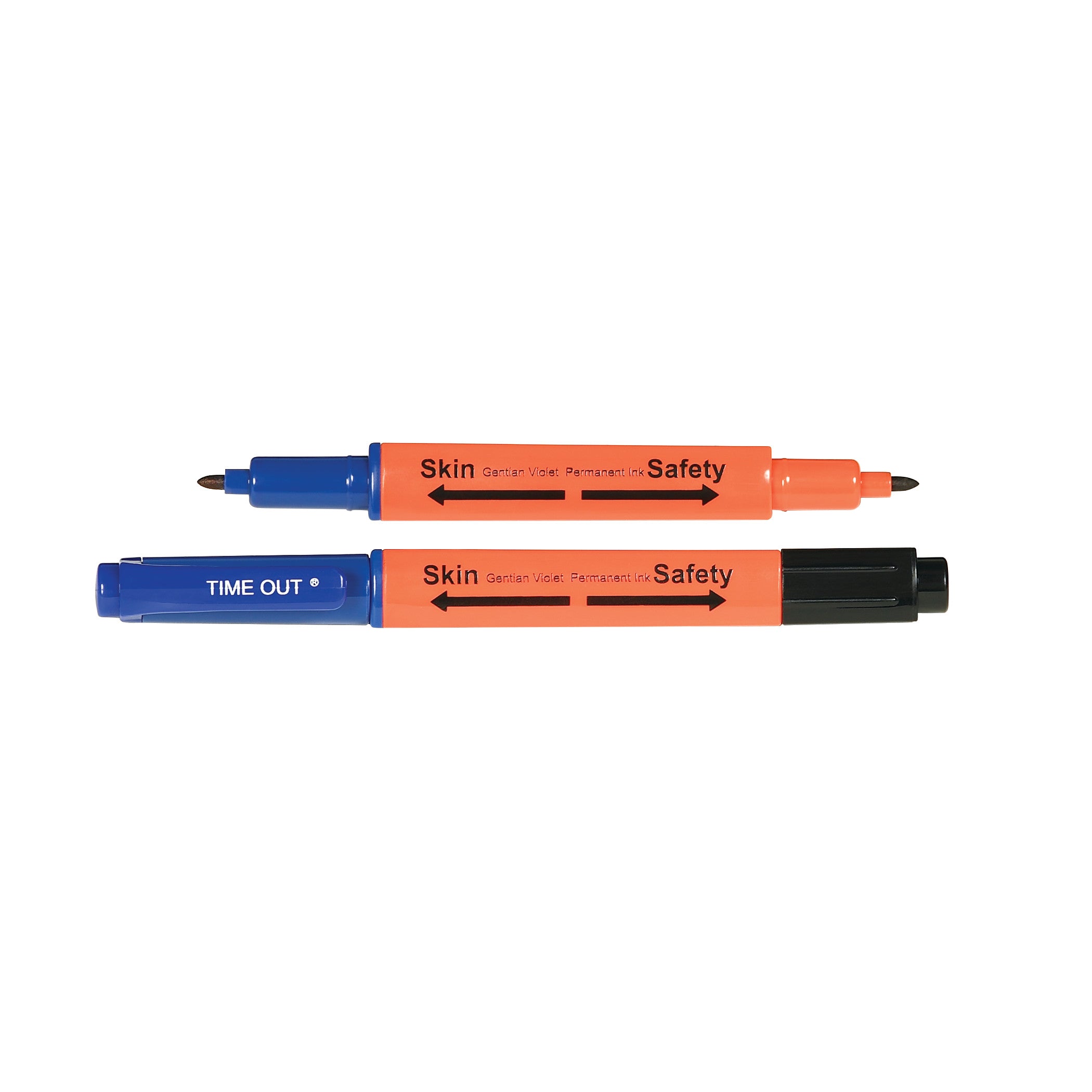 Two SANDEL TIME OUT 2-in-1 Markers, one with blue and black caps, lie side by side, displaying "Skin" and "Safety" labels.