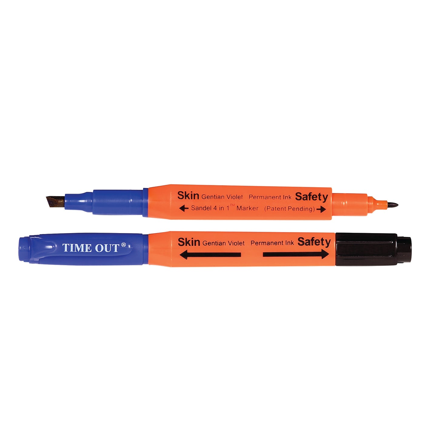 Two SANDEL TIME OUT 4-in-1 Markers, orange with blue and black caps, labeled for safety and permanent ink use.