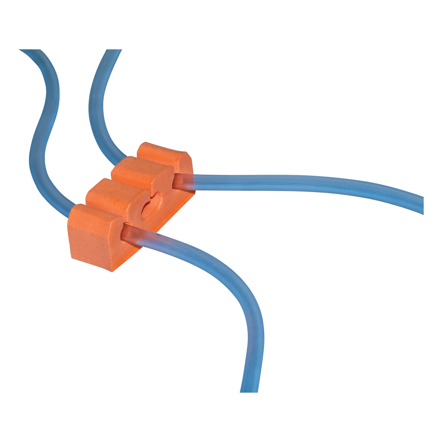 The SANDEL Z-Cord Holder is an orange device used to organize blue cables, with slots securing the cords in place.