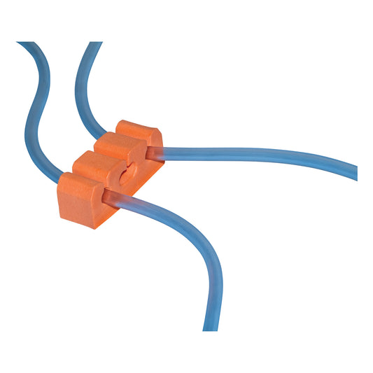 The SANDEL Z-Cord Holder is an orange device used to organize blue cables, with slots securing the cords in place.