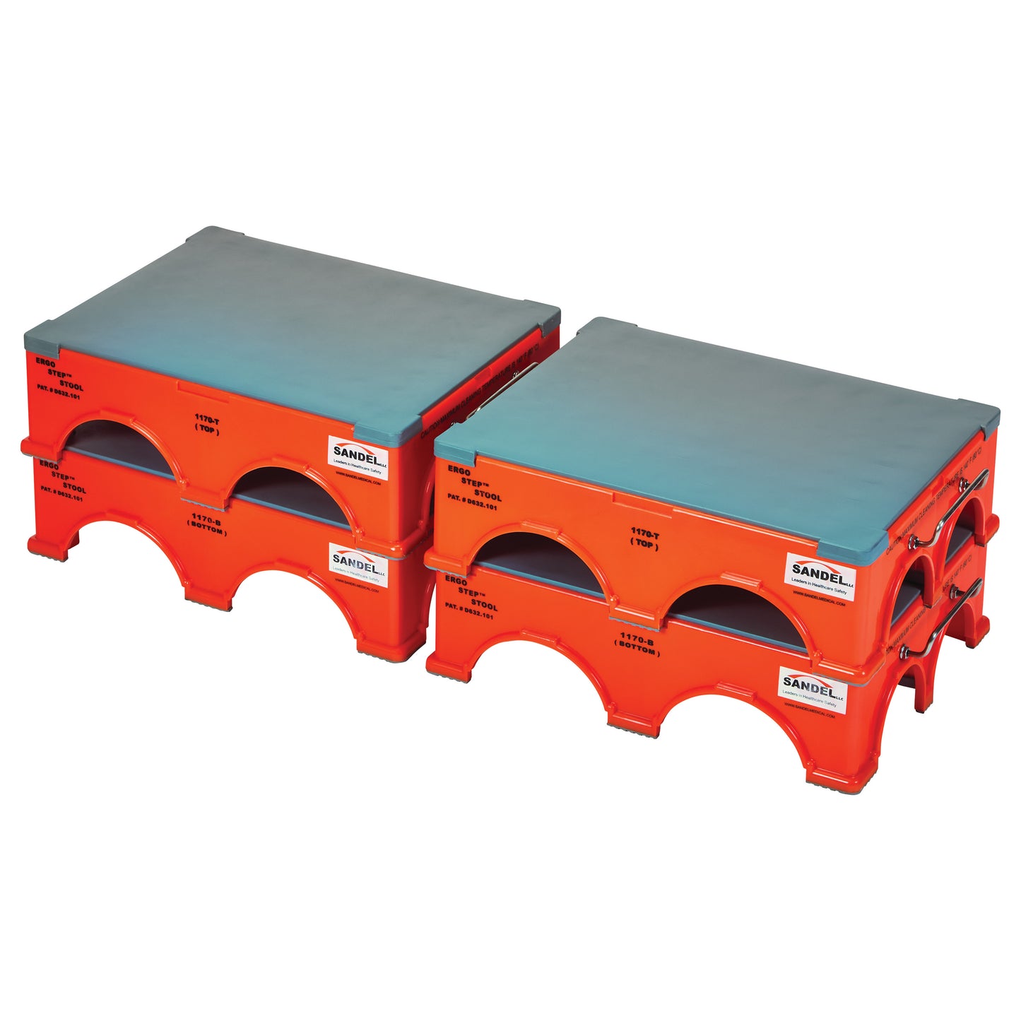 Two stacked orange SANDEL Ergo-Step Stools with gray tops are shown side by side on a white background.