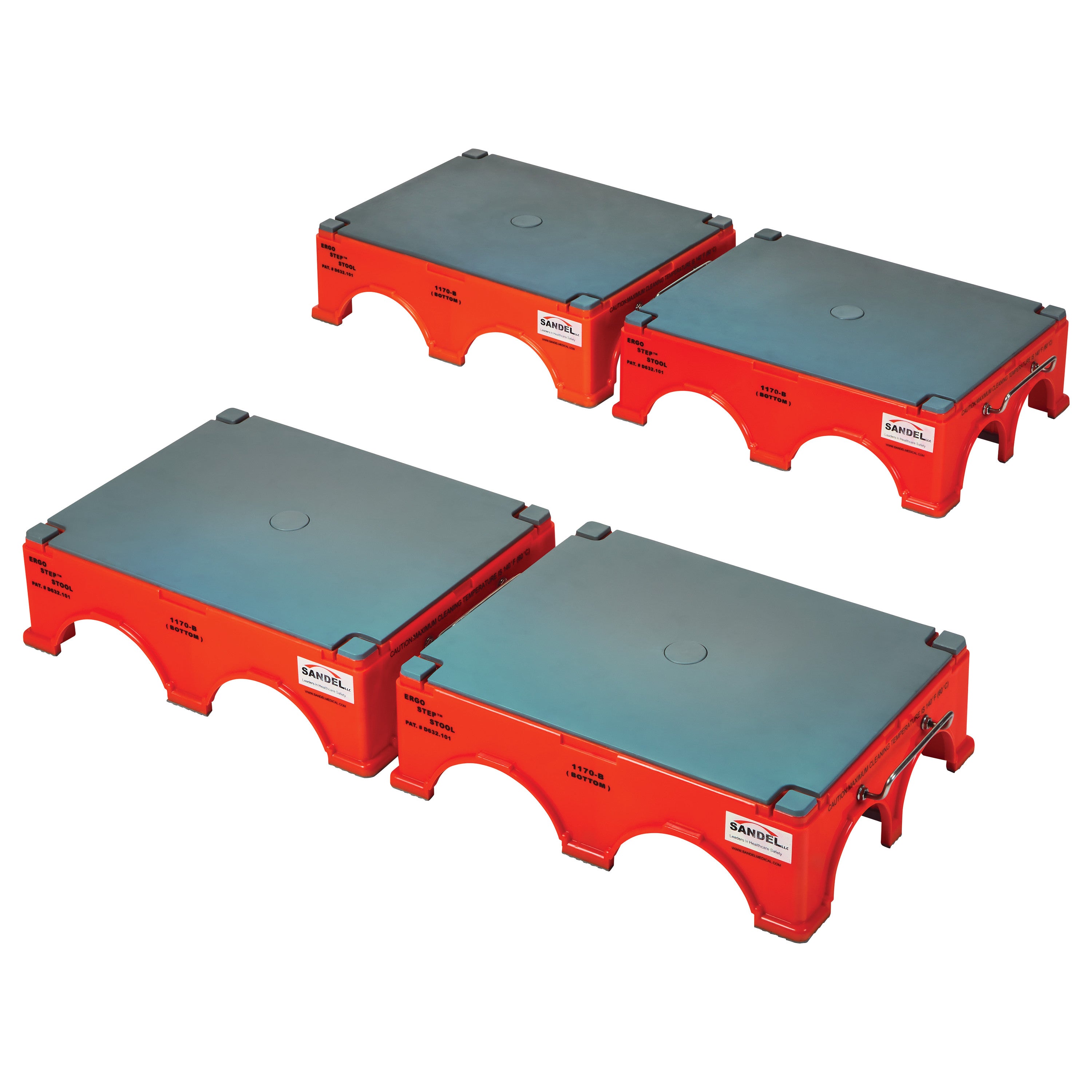 Four SANDEL Ergo-Step Stools are shown in red with a gray top surface, designed for ergonomic support.