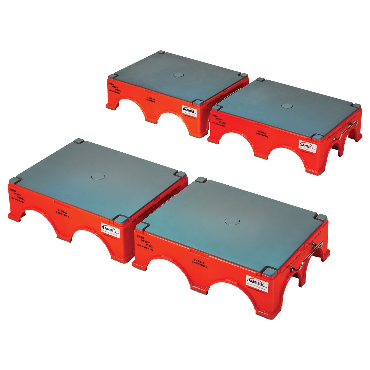 Four SANDEL Ergo-Step Stools are shown in red with a gray top surface, designed for ergonomic support.