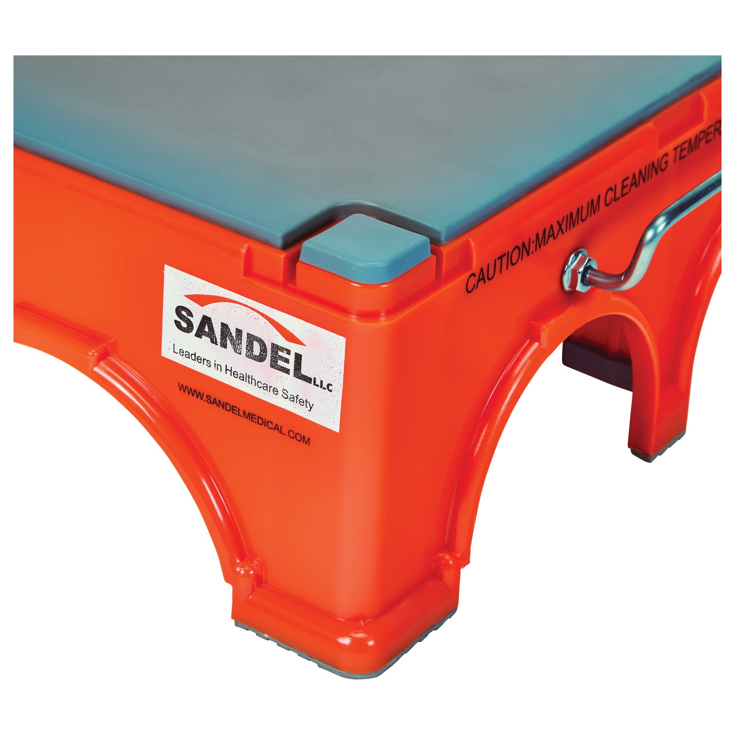 Orange SANDEL Ergo-Step Stool with a non-slip gray surface, safety label, and branded logo on the side.