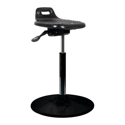The Sandel Sit-Stand Stool is black with a perforated seat, adjustable height lever, and a round base.
