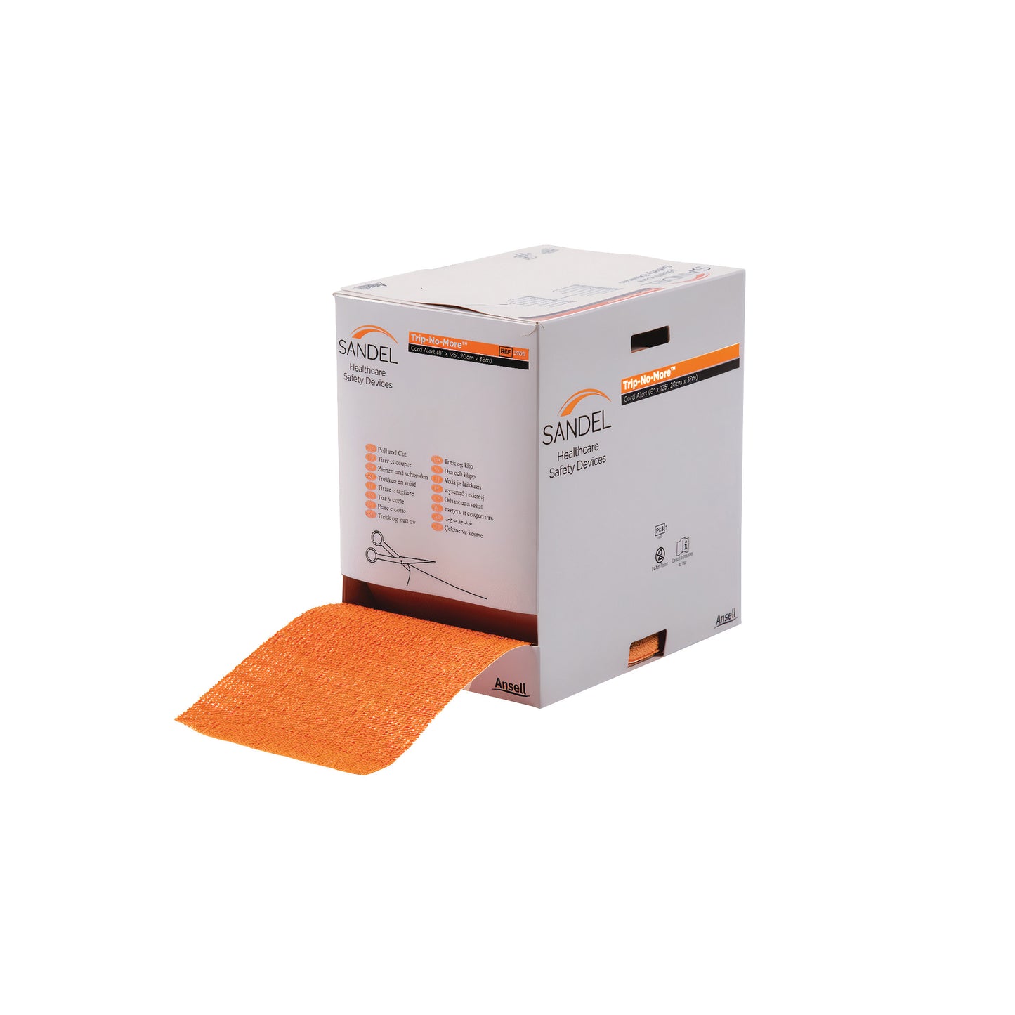 Box of SANDEL Trip-No-More Cord Alert with an orange safety mat partially unrolled from the box.