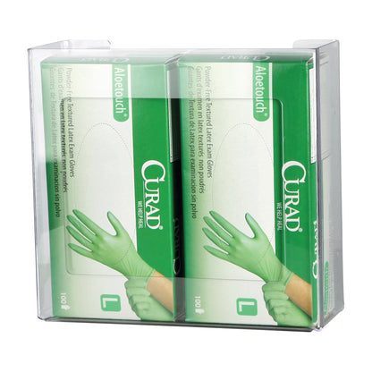 AliMed Clear PETG Glove Dispenser holding two boxes of Curad Aloetouch textured latex exam gloves in green packaging.
