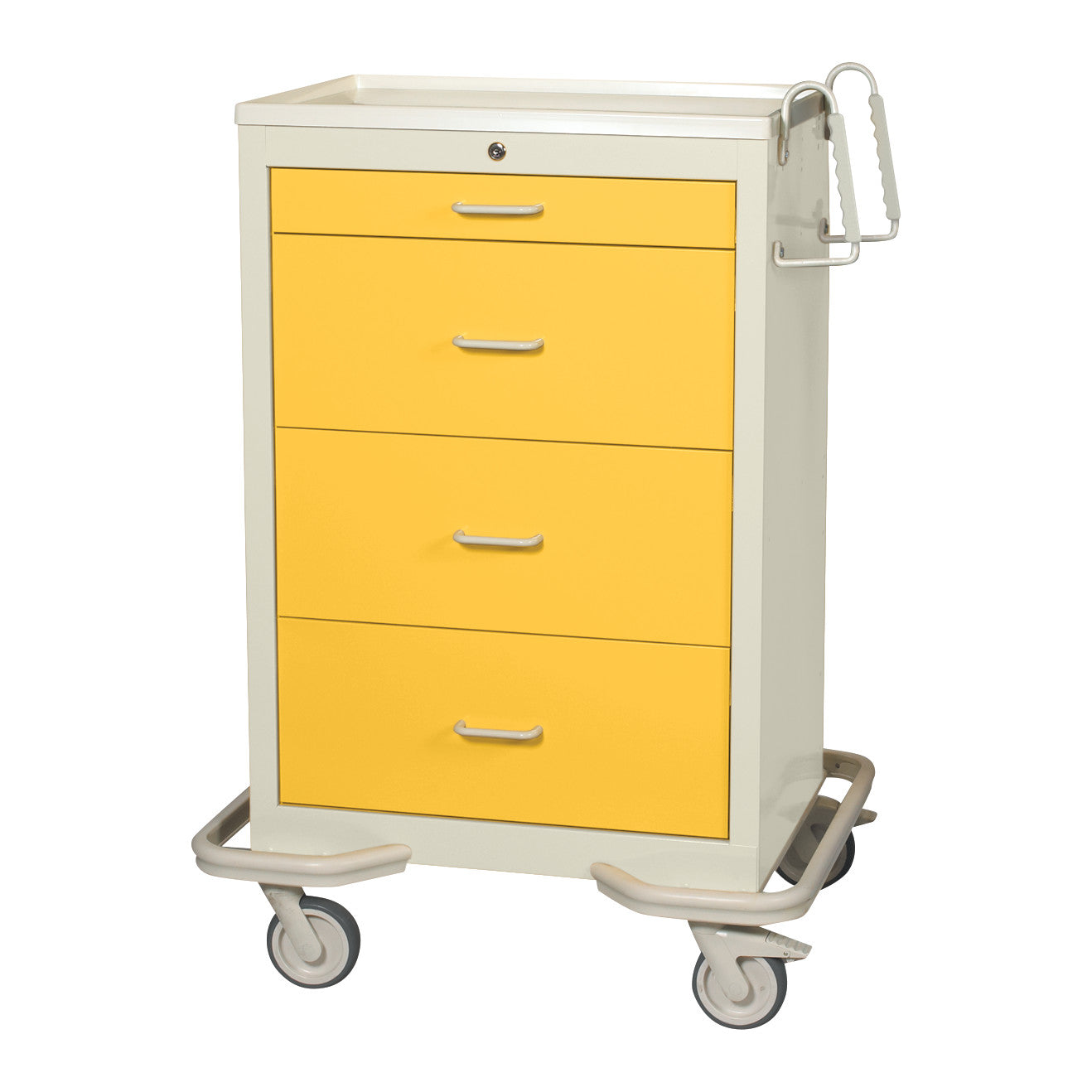 The AliMed Standard Series 4-Drawer Isolation Cart with Key Lock features a white frame, four yellow drawers, and swivel casters.