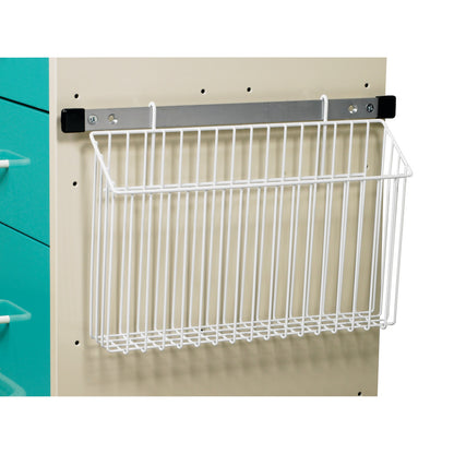 Wire basket chart holder mounted on a cart. It is the AliMed Cart Accessory for Mini/Select/Standard/Wide Series carts.