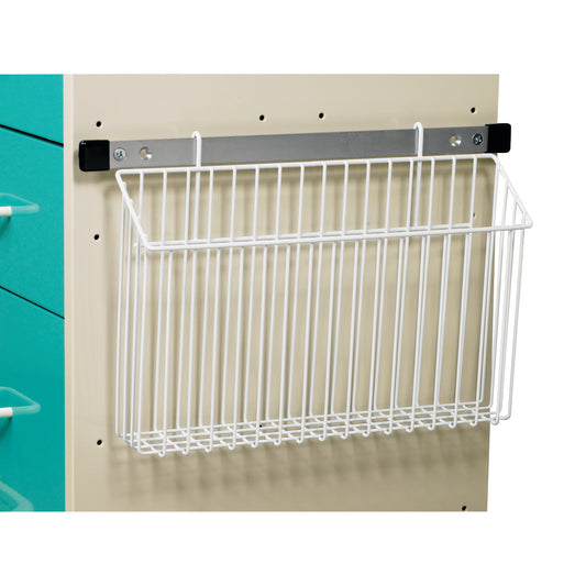 Wire basket chart holder mounted on a cart. It is the AliMed Cart Accessory for Mini/Select/Standard/Wide Series carts.
