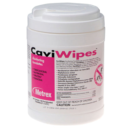 CaviWipes Disinfecting Towelettes container with pink label, listed as tuberculocidal, bactericidal, virucidal, and fungicidal.