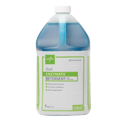A gallon container of "Enzymatic Detergent and Presoak" with a blue liquid, featuring a neutral pH and odor suppressant.