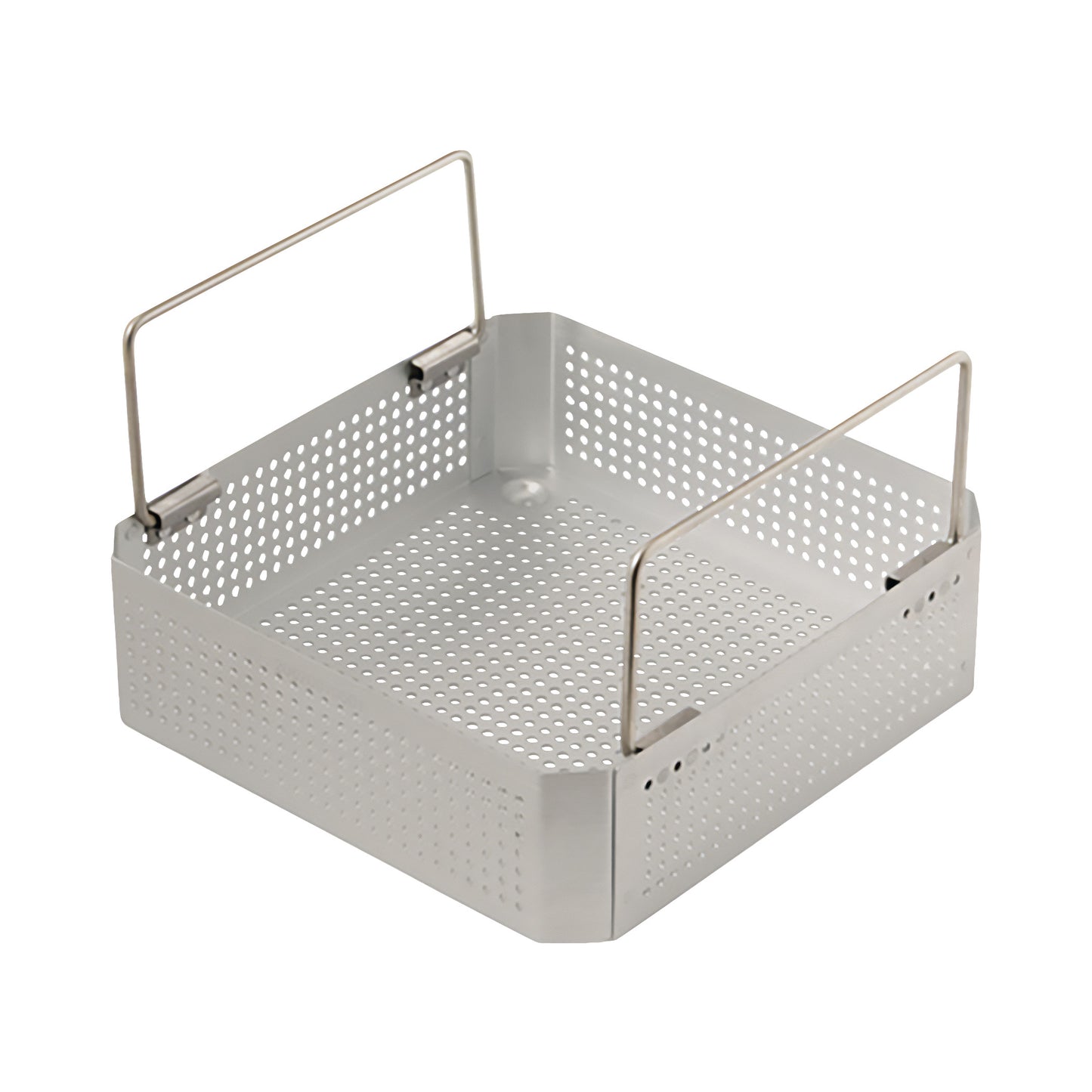 Metal perforated half-size inner tray for SteriSet containers, featuring folding handles on two sides for easy handling.