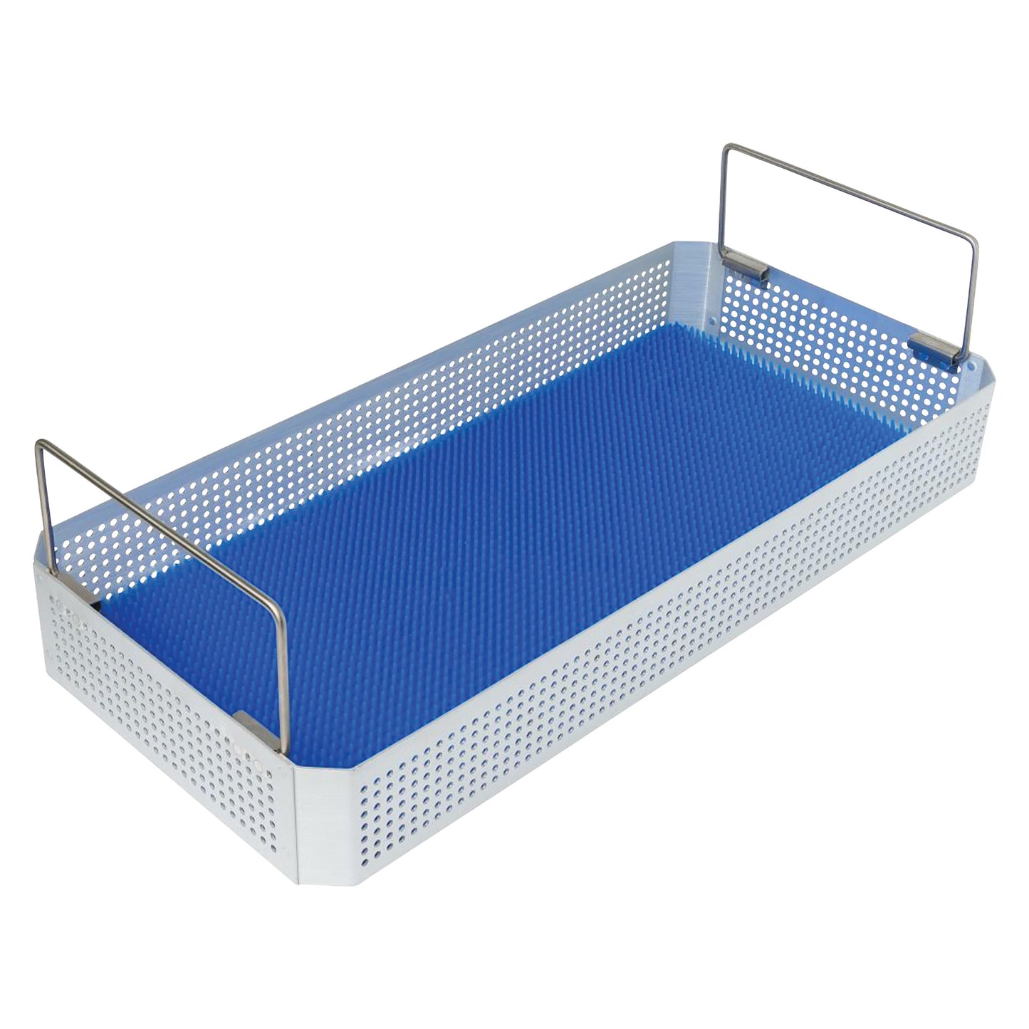 A rectangular SteriSet container with a blue Silicone Mat inside and perforated white sides, featuring two metal handles.