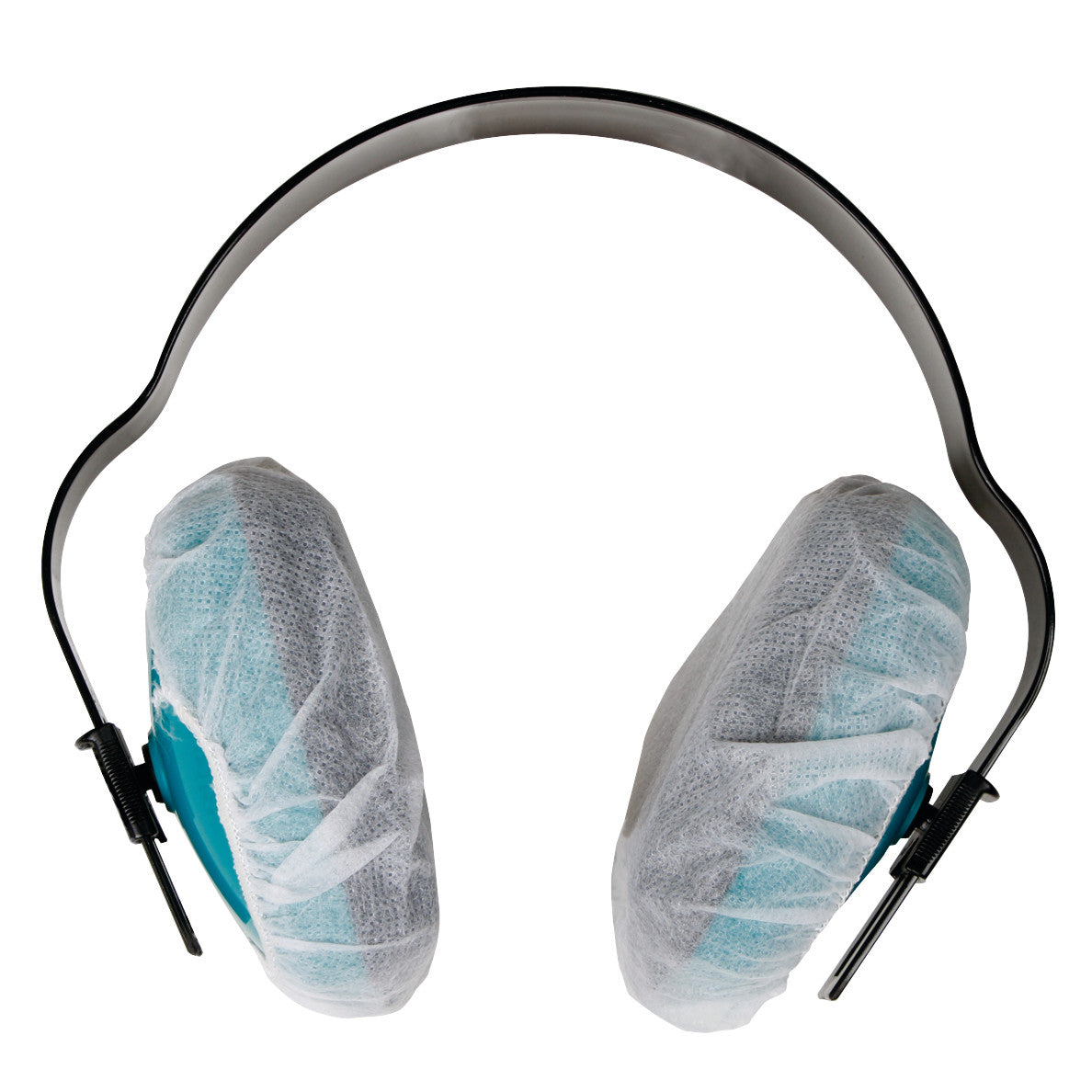 AliMed Sanitary Headset Cover wraps around turquoise earmuffs, featuring a black headband.
