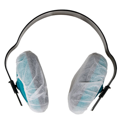 AliMed Sanitary Headset Cover wraps around turquoise earmuffs, featuring a black headband.