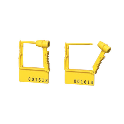 Two yellow AliMed Cart Accessory: Breakaway Lock Plastic Seals, numbered 001613 and 001614, with locking mechanisms.