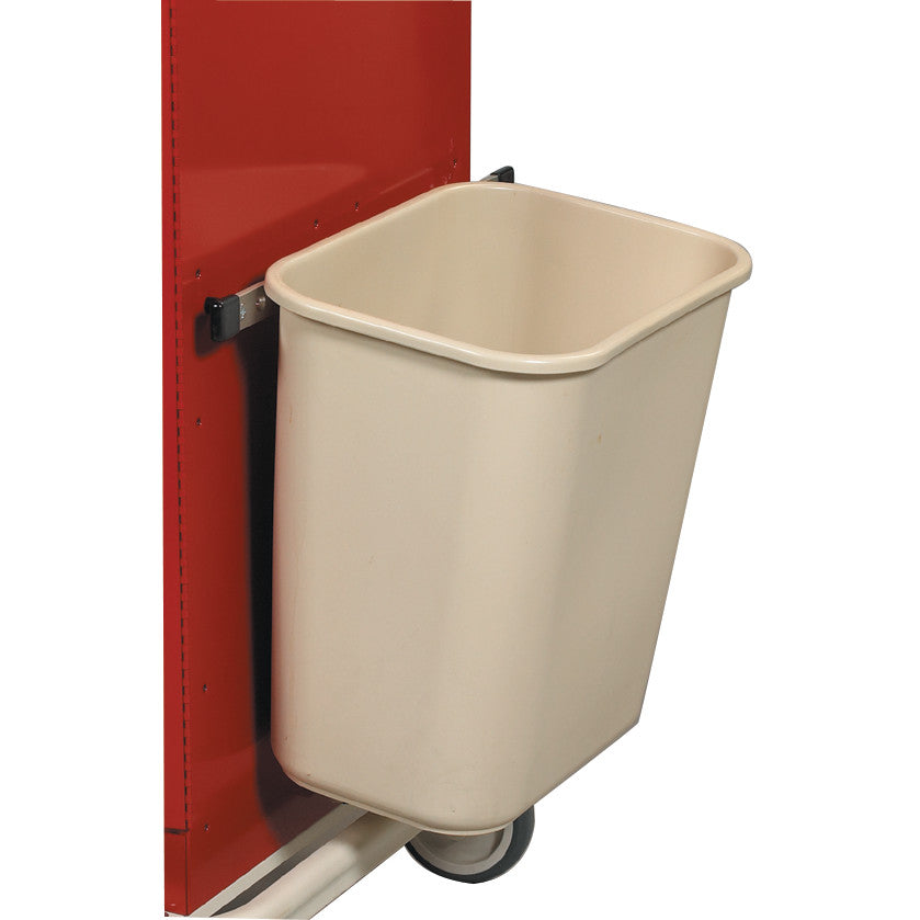 A beige AliMed Cart Accessory: Waste Container is mounted on a red medical cart, designed for Select/Standard/Wide Series.