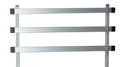 Metal rack with three horizontal rails and black end caps. It's the AliMed Cart Accessory: Trellis System for medical carts.