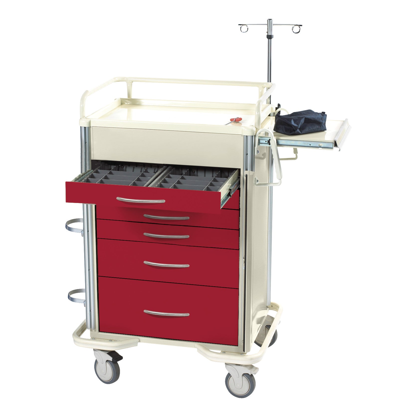 Emergency medical cart with red drawers, featuring accessory packages for AliMed Select Series, and an IV pole on wheels.
