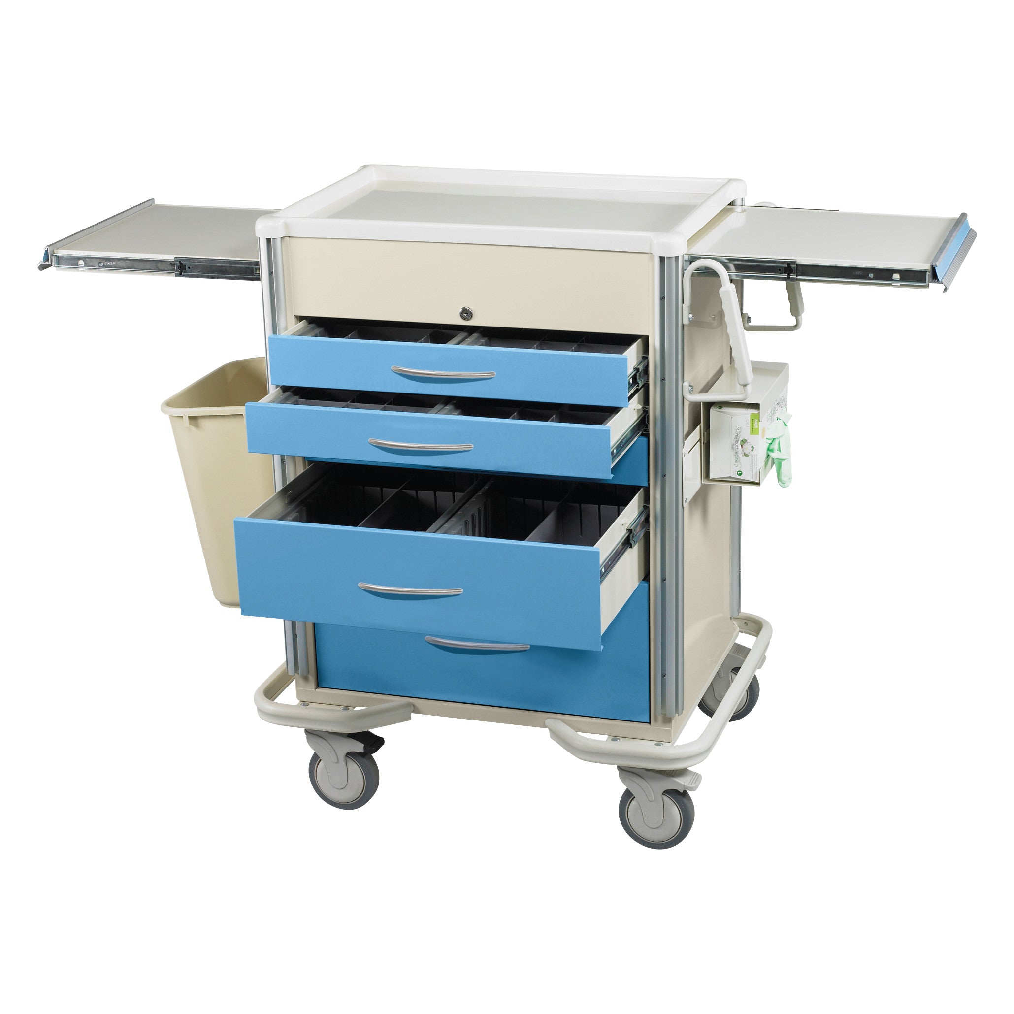 An AliMed Select Series Anesthesia Medical Cart with blue drawers, side trays, and wheels. Features include accessory packages.