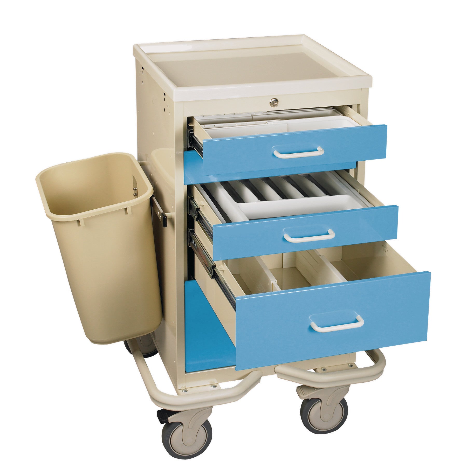 AliMed Mini Series Anesthesia/Procedure Cart with blue drawers, top tray, and side bin on wheels.
