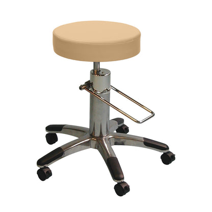 A Brandt Industries Hydraulic Stool with a tan cushioned seat, chrome base, footrest, and five caster wheels for mobility.