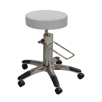 A Brandt Industries Hydraulic Stool with a round gray seat, metal base, five wheels, and a footrest.