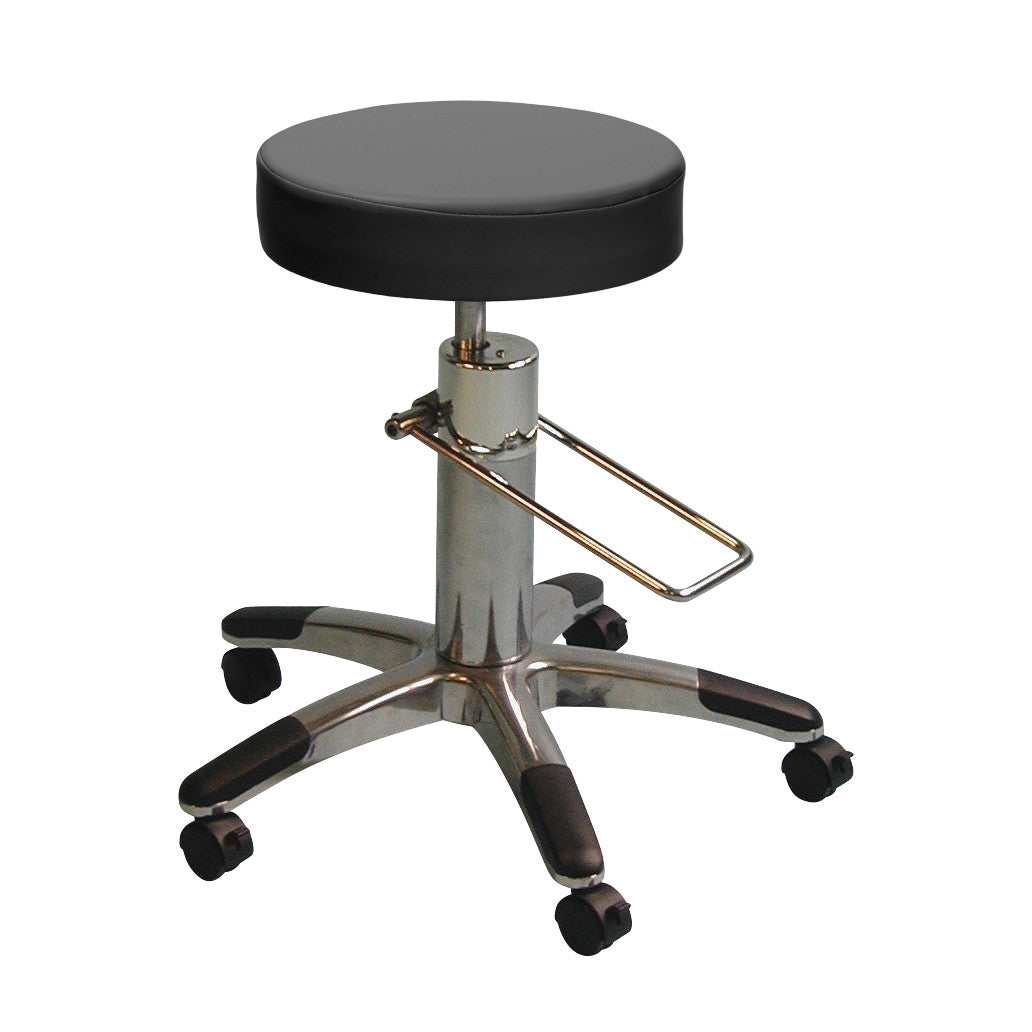 A Brandt Industries Hydraulic Stool with a black cushioned seat and chrome base. It features adjustable height and caster wheels.