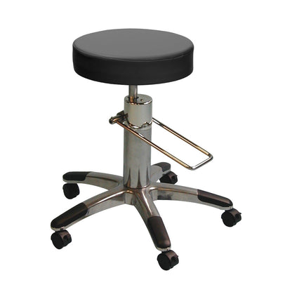 A Brandt Industries Hydraulic Stool with a black cushioned seat and chrome base. It features adjustable height and caster wheels.