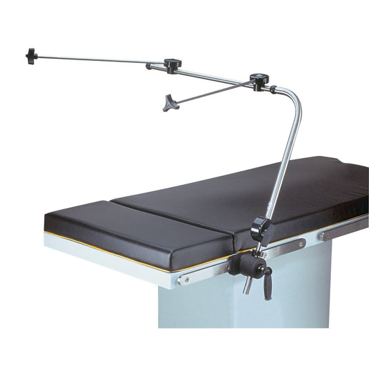 Allen Winged Anesthesia Screen, ASLWT attached to an operating table, featuring adjustable metallic arms and black cushions.