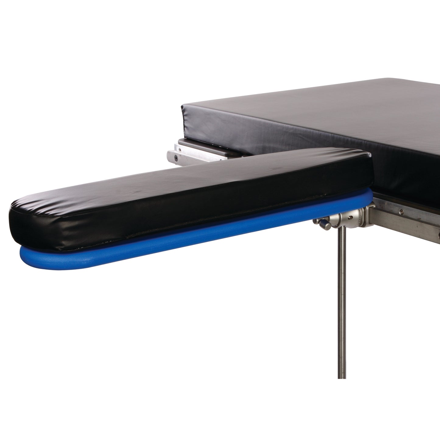 The AliMed Radiolucent Armboard with Pad features a black cushioned surface and blue underside, attached to a supporting frame.