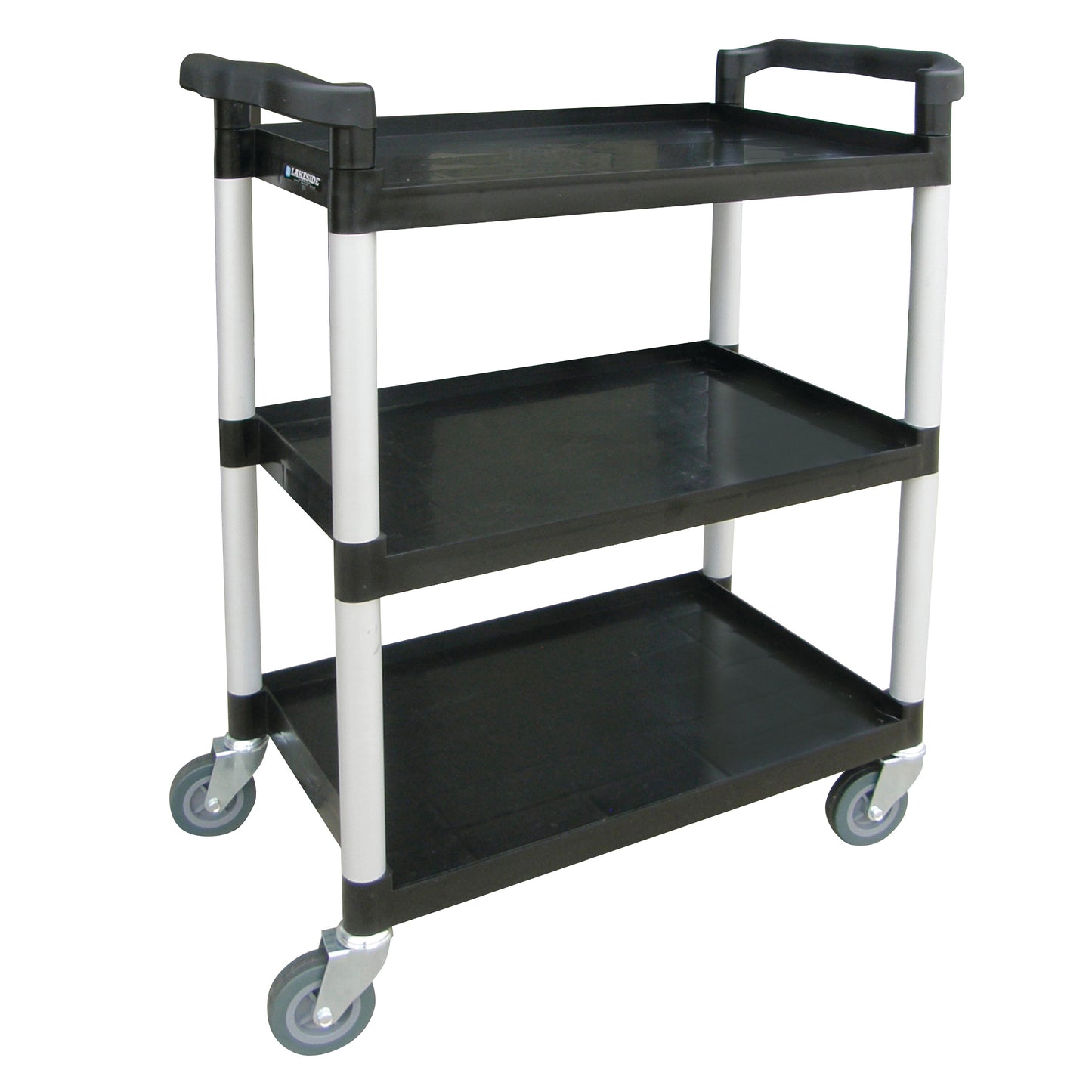 A Lakeside Standard Duty Plastic Utility Cart with Dual Handles featuring three black shelves and four swiveling grey wheels.