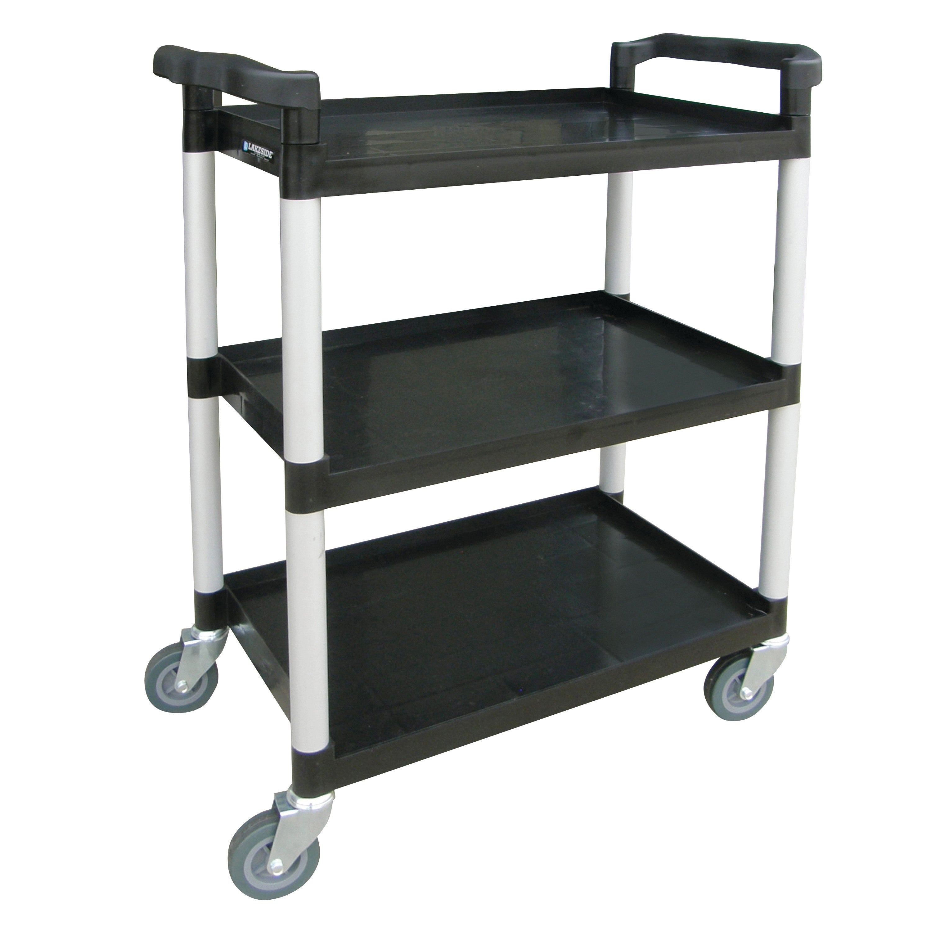 A Lakeside Standard Duty Plastic Utility Cart with Dual Handles featuring three black shelves and four swiveling grey wheels.