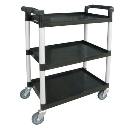 A Lakeside Standard Duty Plastic Utility Cart with Dual Handles featuring three black shelves and four swiveling grey wheels.
