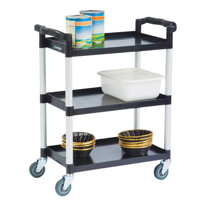 Lakeside Standard Duty Plastic Utility Cart with Dual Handles, featuring three tiers holding cans, a bin, and baskets, on caster wheels.