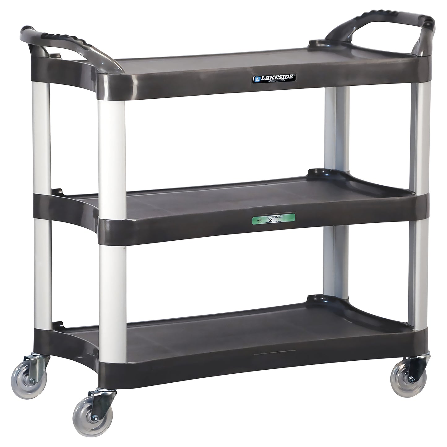 The Lakeside Medium Duty Plastic Utility Cart features three shelves, swiveling wheels, and a gray frame with black accents.