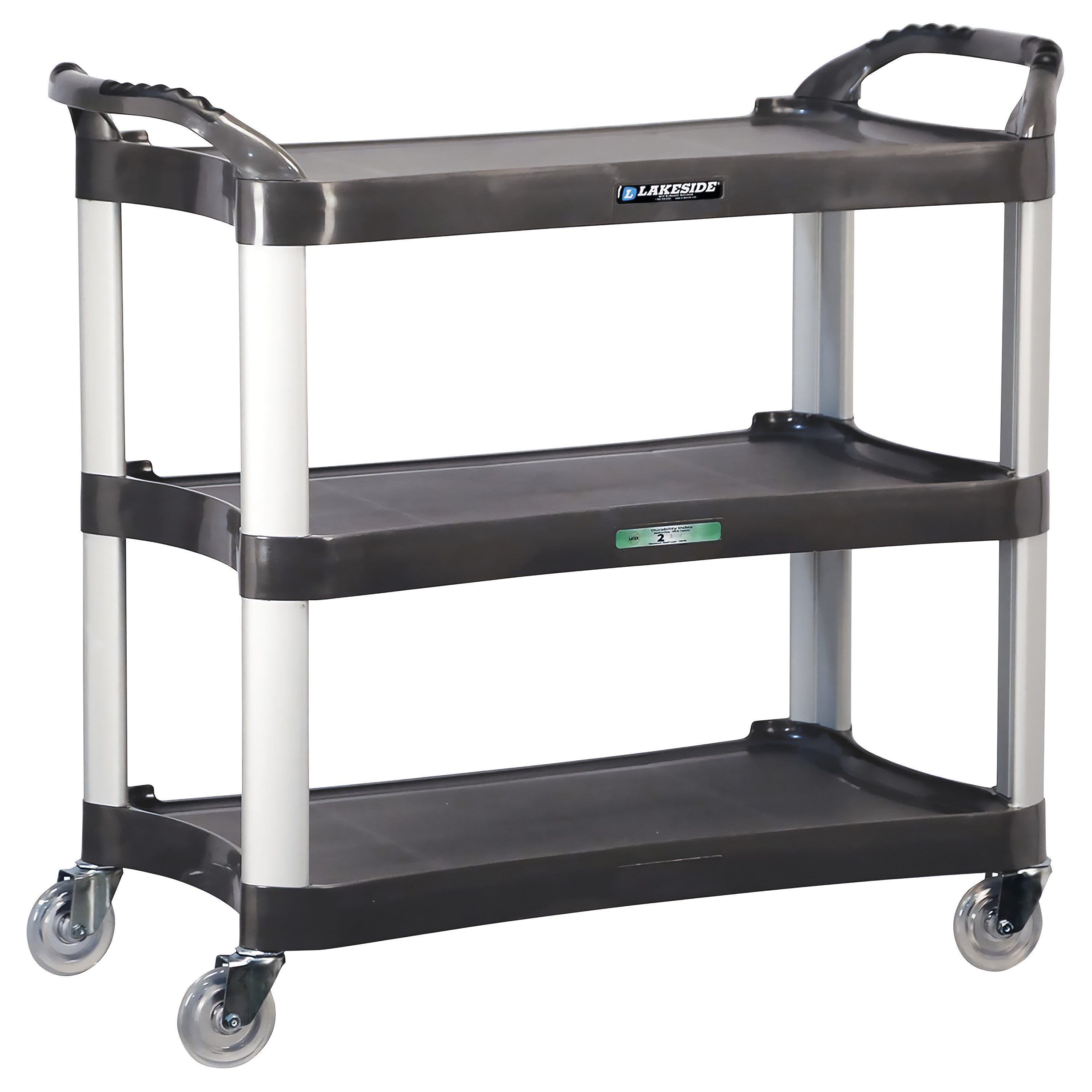 The Lakeside Medium Duty Plastic Utility Cart features three shelves, swiveling wheels, and a gray frame with black accents.