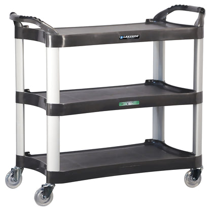 The Lakeside Medium Duty Plastic Utility Cart features three shelves, swiveling wheels, and a gray frame with black accents.