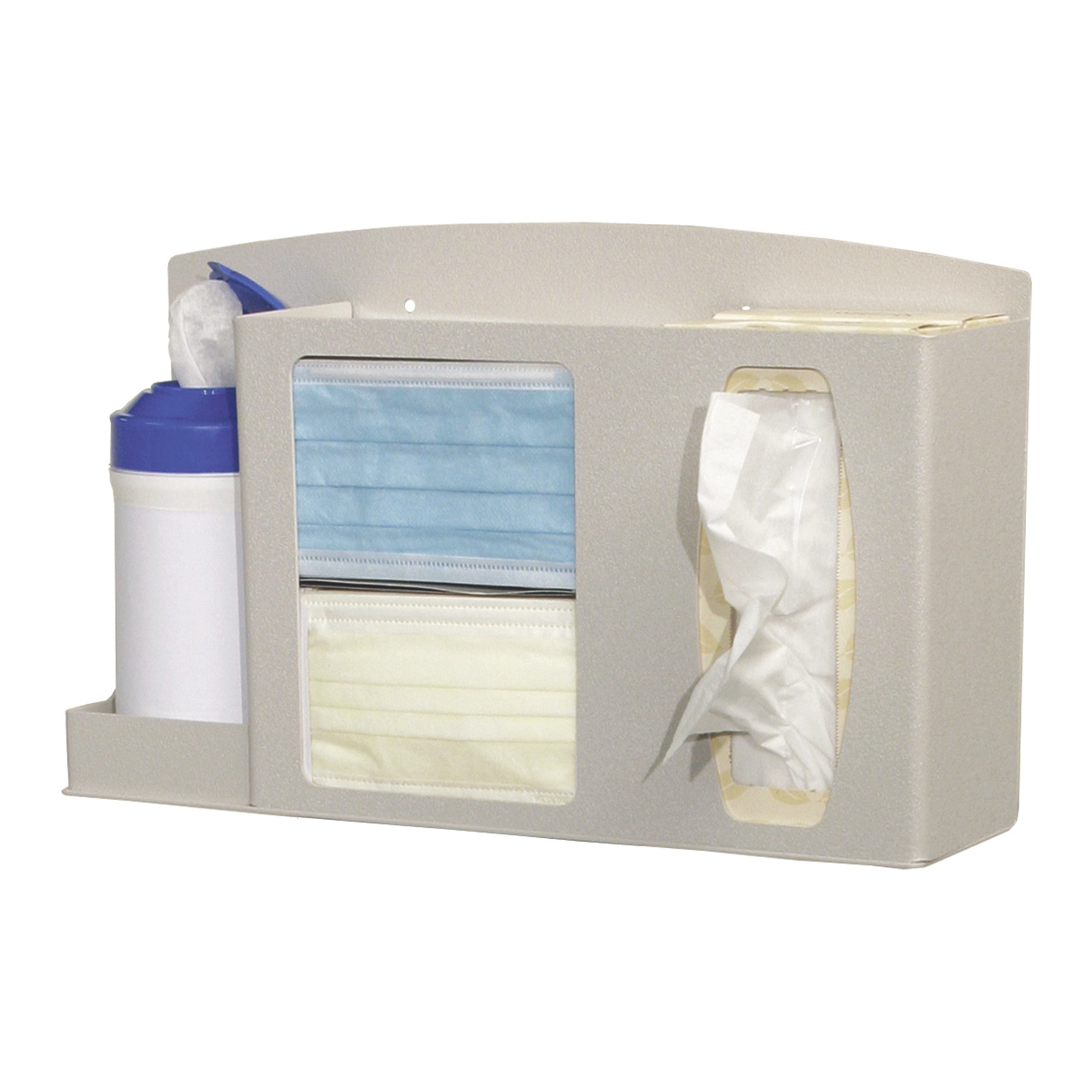 Bowman Basic Counter/Wall Hygiene Center with compartments for tissues, face masks, and wipes in a beige holder.