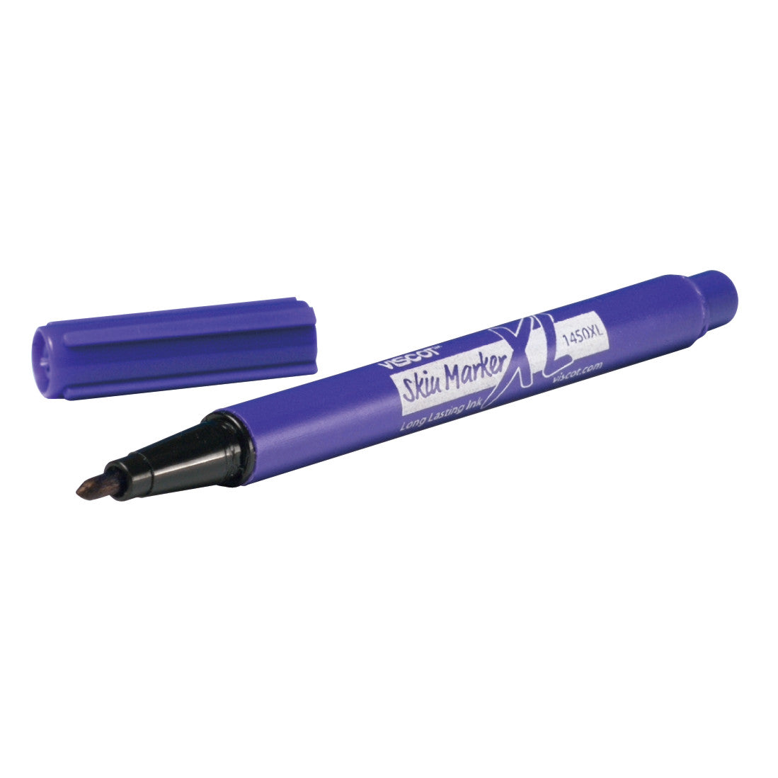 A Viscot Mini XL Pre-Surgical Skin Marker with a purple cap beside it, used for marking skin; features long-lasting ink.